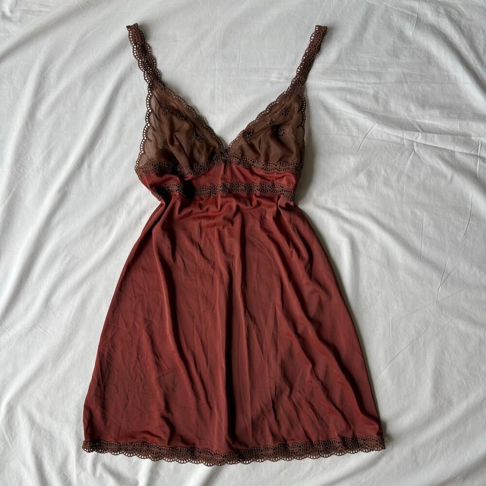 Y2K Brown Lace Babydoll Slip Dress Medium
